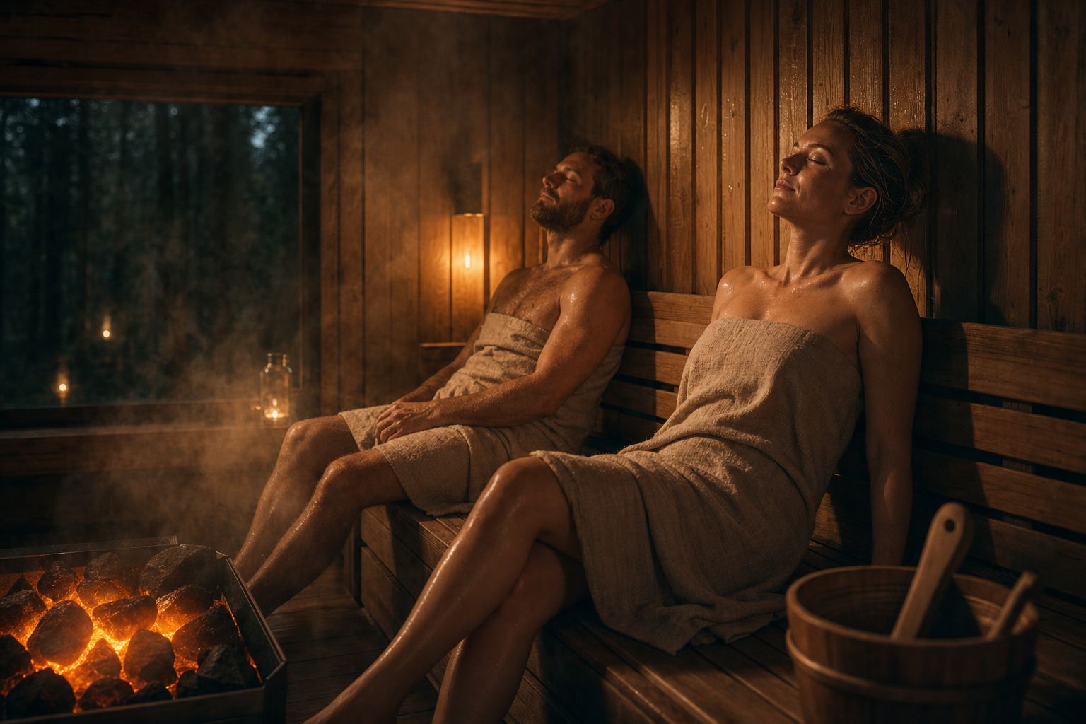 Paar entspannt in der privaten Sauna mit Panoramablick in die Natur (Konzeptvisualisierung)